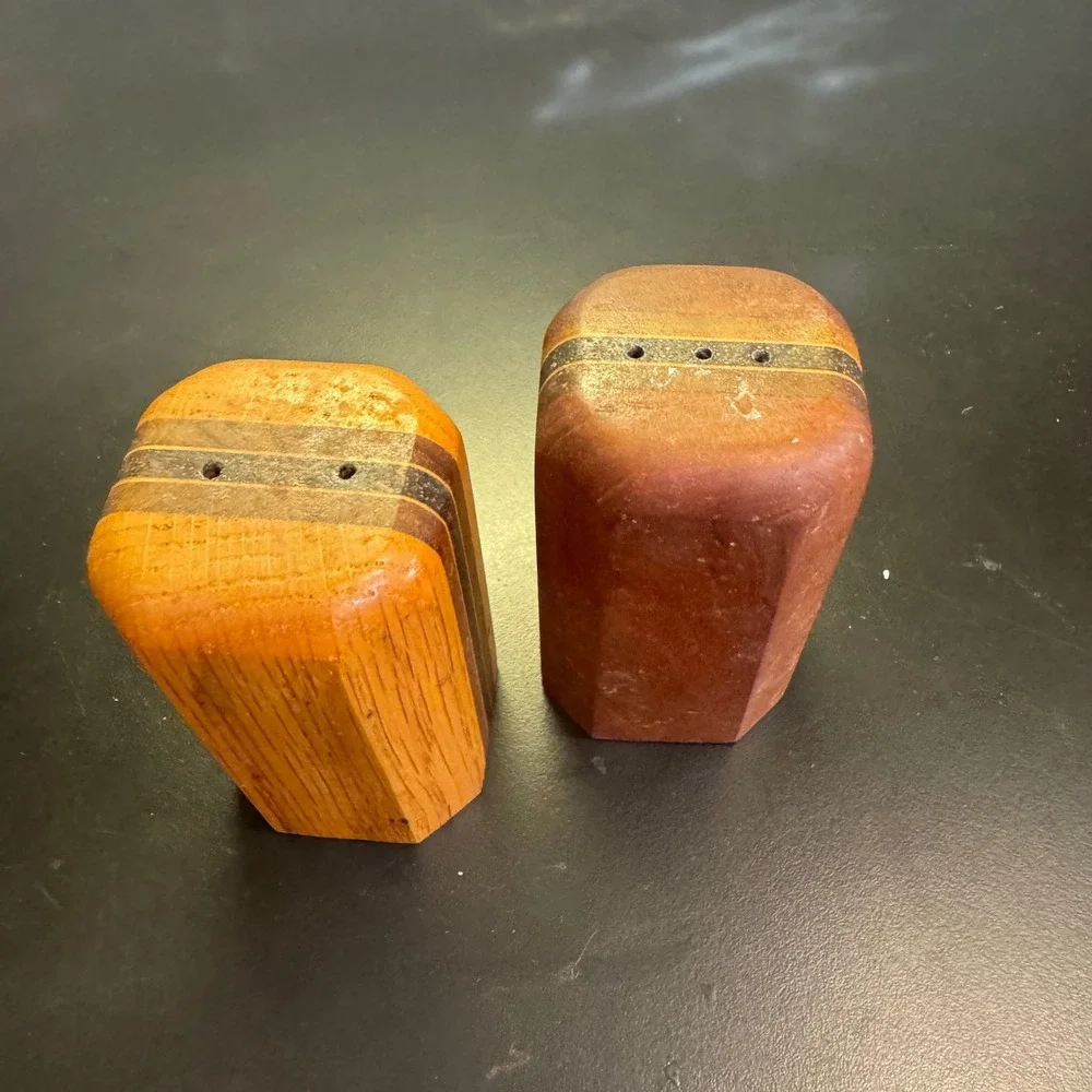 MCM Salt & Pepper Shakers Set Brown Striped Mixed Wood Octagonal